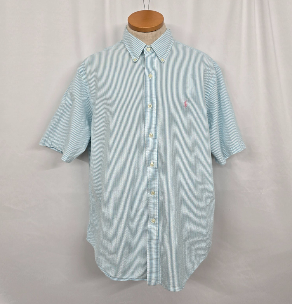 Ralph Lauren Classic Fit Button Short Sleeve Shirt Men's XL Blue - Green Stripe